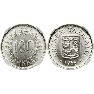 Finland 100 Markkaa 1956 H Obverse: Shielded arms above date. Reverse: Denomination surrounded by trees and tree tops...
