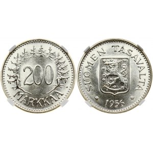 Finland 200 Markkaa 1956 H Obverse: Shielded arms above date. Reverse: Denomination surrounded by trees and tree tops...