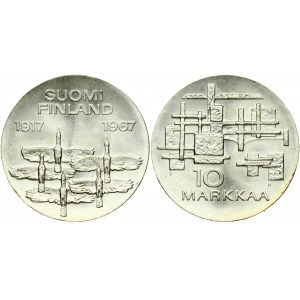 Finland 10 Markkaa 1967 S-H 50th Anniversary of Independence. Obverse: Five Whooper swans in flight; date above...