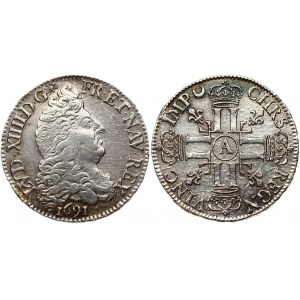 France 1/2 Ecu 1691A Louis XIV (1643-1715). Obverse: Draped bust right. Reverse: Cruciform eight L...
