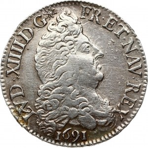 France 1/2 Ecu 1691A Louis XIV (1643-1715). Obverse: Draped bust right. Reverse: Cruciform eight L...