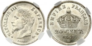 France 20 Centimes 1867 BB Napoleon III(1852-1870). Obverse: Laureate head left. Reverse: Crown above denomination...
