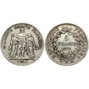 France 5 Francs 1874A Obverse: Hercules group. Reverse: Denomination within wreath. Silver. KM 820.1