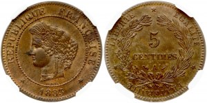 France 5 Centimes 1883 A Obverse: Laureate head left. Reverse: Denomination within wreath. KM# 821.1...