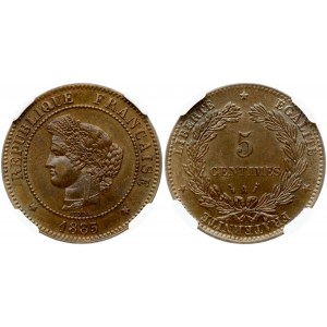 France 5 Centimes 1885 A Obverse: Laureate head left. Reverse: Denomination within wreath. KM# 821.1...