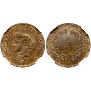France 5 Centimes 1894 A Obverse: Laureate head left. Reverse: Denomination within wreath. KM# 821.1...
