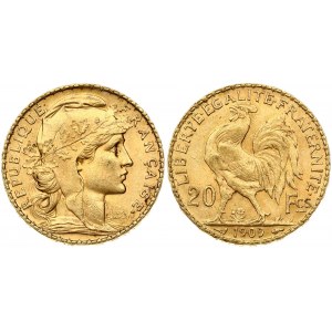France 20 Francs 1909 Obverse: Oak leaf wreath encircles liberty head right. Reverse: Rooster divides denomination...