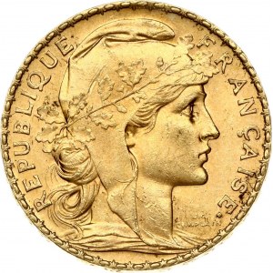 France 20 Francs 1909 Obverse: Oak leaf wreath encircles liberty head right. Reverse: Rooster divides denomination...
