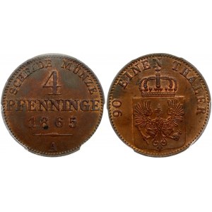Germany PRUSSIA 4 Pfennig 1865A Wilhelm I(1861-1888). Obverse: Crowned shield of eagle arms with FR monogram on breast...