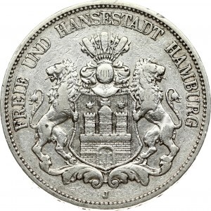 Germany Hamburg 5 Mark 1876 J Obverse: Helmeted arms with lion supporters. Reverse: Crowned imperial eagle with the deno