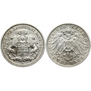 Germany Hamburg 2 Mark 1902 J Obverse: Helmeted arms with lion supporters. Reverse: Imperial Germany eagle. Edge Milled...