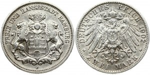 Germany Hamburg 2 Mark 1902 J Obverse: Helmeted arms with lion supporters. Reverse: Imperial Germany eagle. Edge Milled...