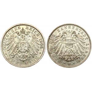 Germany LÜBECK 2 Mark 1906 Obverse: Double imperial eagle with divided shield on breast. Crowned imperial eagle...