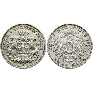 Germany Hamburg 2 Mark 1907 J Obverse: Helmeted arms with lion supporters. Reverse: Imperial Germany eagle. Edge Milled...