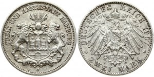 Germany Hamburg 2 Mark 1907 J Obverse: Helmeted arms with lion supporters. Reverse: Imperial Germany eagle. Edge Milled...