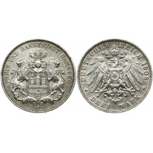 Germany Hamburg 3 Mark 1908 J Obverse: Three tower castle on helmeted shield with supporters. Reverse...