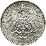 Germany Hamburg 3 Mark 1908 J Obverse: Three tower castle on helmeted shield with supporters. Reverse...