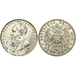 Germany Saxe-Meiningen 5 Mark 1908 D Georg II(1866-1914). Obverse: Head left; short beard. Lettering...