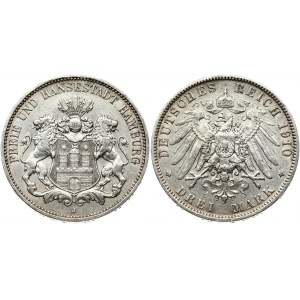 Germany Hamburg 3 Mark 1910 J Obverse: Three tower castle on helmeted shield with supporters. Reverse...