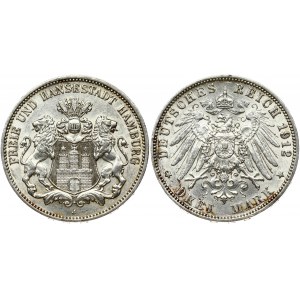 Germany Hamburg 3 Mark 1912 J Obverse: Three tower castle on helmeted shield with supporters. Reverse...