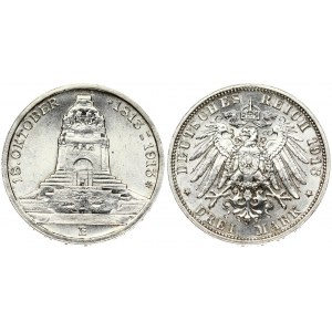 Germany Saxony 3 Mark 1913 E Battle of Leipzig Centennial. Friedrich August III(1904-1918). Obverse...
