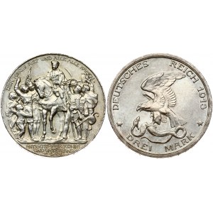 Germany PRUSSIA 3 Mark 1913A 100th Anniversary - victory over Napoleon at Leipzig. Wilhelm II(1888-1918). Obverse...