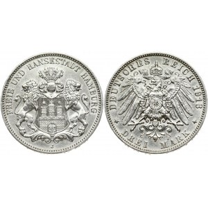 Germany Hamburg 3 Mark 1913 J Obverse: Three tower castle on helmeted shield with supporters. Reverse...