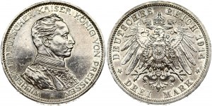 Germany Prussia 3 Mark 1914A. Wilhelm II (1888-1918). Obverse: Bust of Wilhelm II in uniform facing right. Reverse...