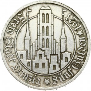 Germany Danzig 5 Gulden 1923 Obverse: Marienkirche within circle. Reverse: Shielded arms with supporters...