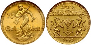 Germany Danzig 25 Gulden 1930 Obverse: Arms with supporters; date below. Reverse: Statue from the Neptune fountain...