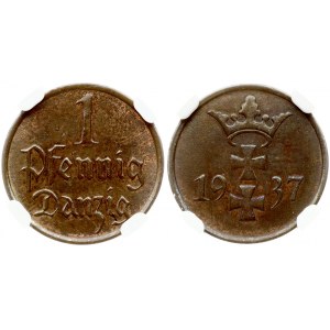 Germany Danzig 1 Pfennig 1937 Obverse: Denomination. Reverse: Arms divide date. Bronze. KM 140...