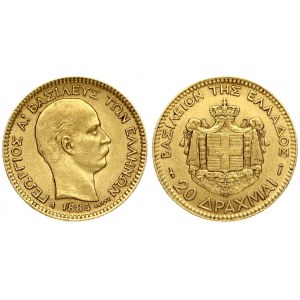 Greece 20 Drachmai 1884A George I(1863 - 1913). Obverse: Old head right. Reverse: Arms within crowned mantle. Gold...