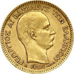 Greece 20 Drachmai 1884A George I(1863 - 1913). Obverse: Old head right. Reverse: Arms within crowned mantle. Gold...