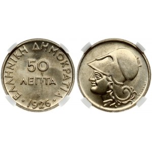 Greece 50 Lepta 1926B Obverse: Denomination above date. Reverse: Athena head left. Edge Description: Reeded. Copper...
