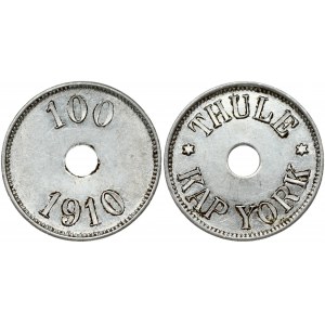 Greenland THULE-KAP YORK 100 Øre 1910 Obverse: Legend; center hole. Obverse Legend: THULE *KAP YORK*. Reverse...