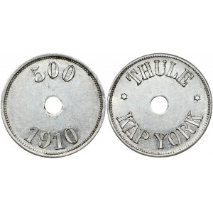 Greenland THULE-KAP YORK 500 Øre 1910 Obverse: Legend; center hole. Obverse Legend: THULE *KAP YORK*. Reverse...