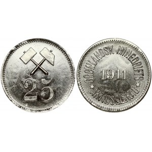 Greenland 25 Øre 1911 Obverse: Date within legend. Obverse Legend: GRØNLANDSK MINEDRIFTS-AKTIESELSKAB. Reverse...