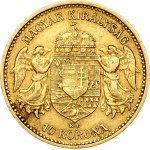 Hungary 10 Korona 1893KB Joseph I(1848-1916). Obverse: Emperor standing. Reverse: Crowned shield with angel supporters...