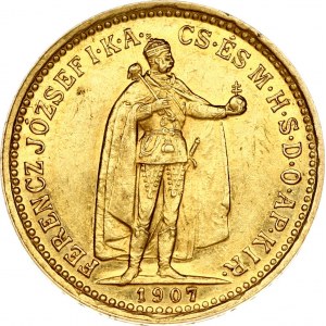 Hungary 10 Korona 1907KB Joseph I(1848-1916). Obverse: Emperor standing. Reverse: Crowned shield with angel supporters...