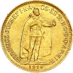 Hungary 10 Korona 1910KB Joseph I(1848-1916). Obverse: Emperor standing. Reverse: Crowned shield with angel supporters...