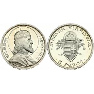 Hungary 5 Pengö 1938 900th Anniversary - Death of St Stephan. Obverse: Sword and scepter between crown and shield...