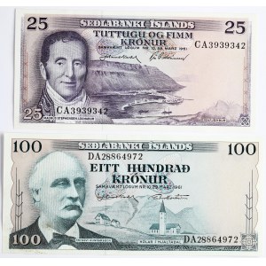 Iceland 25 - 100 Kronur 1961 Seðlabanki - Íslands Banknotes. Obverse: Blue-Green on multicolour underprint...