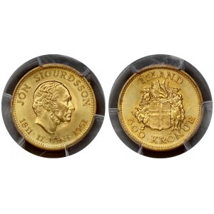 Iceland 500 Kronur 1966 Jon Sigurdsson Sesquicentennial. Obverse: Arms with supporters. Reverse: Head right. Gold 8.96g...