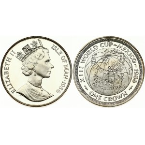 Isle Of Man 1 Crown 1986 World Cup Soccer in Mexico. Elizabeth II(1952-). Obverse: Crowned bust right. Reverse: Globe...