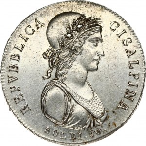 Italy CISALPINE REPUBLIC 30 Soldi (1801)IX. Obverse: Bust right with sprigs in hat. Reverse: 5-Line inscription. Silver...