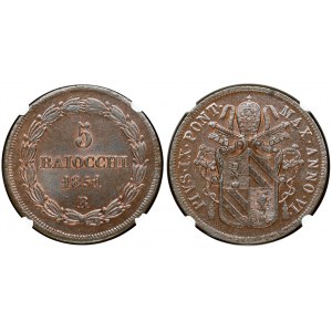 Italy PAPAL STATES 5 Baiocchi 1851-VB Pius IX(1846-1878 ). Obverse: Legend around Papal arms. Obverse Legend: PIVS.IX...