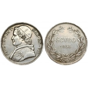 Italy PAPAL STATES 1 Scudo 1853-VIIR Pius IX(1846-1878). Obverse: Bust left; without NIC. CER. BARA below bust...