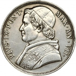 Italy PAPAL STATES 1 Scudo 1853-VIIR Pius IX(1846-1878). Obverse: Bust left; without NIC. CER. BARA below bust...