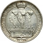 San Marino 20 Lire 1931R Obverse: Upright stylized ostrich feathers above value with crown above. Reverse...