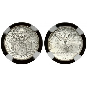 Italy Vatican City 5 Lire 1939 Sede Vacante. Obverse: Arms of Cardinal Pacelli. Reverse: Dove within 1/2 sun. Silver...